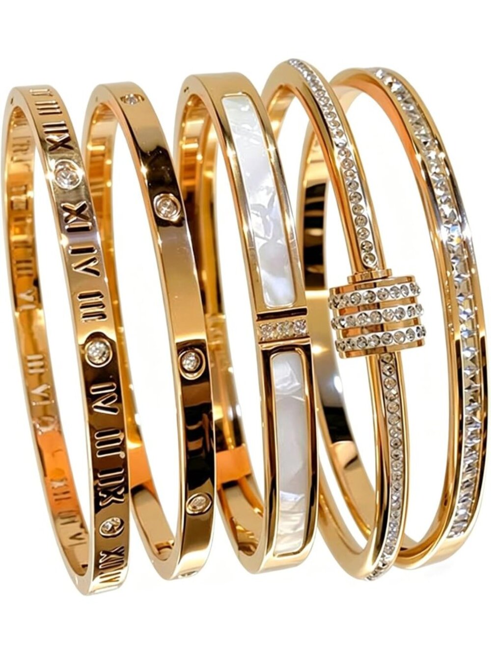 5 Pack Stackable Clover Bracelets for Women, Gold Cuff Bangles with Zirconia